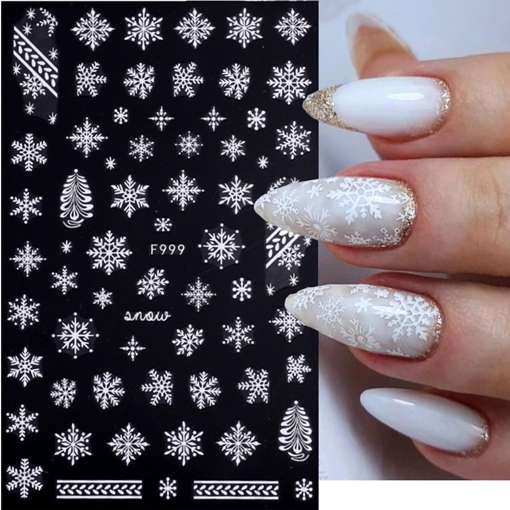 Snowflake Nail Art Stickers, Winter Nail Decals 3D Self-Adhesive Gold White Snowflake Xmas Tree Christmas Nail Design DIY Christmas Nail Decoration