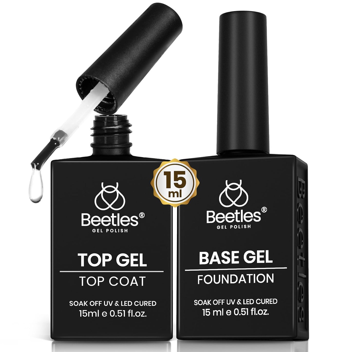 Beetles No Wipe Gel Top Coat and Base Coat Set for Gel Nail Polish - 2Pcs 15ml Super Shiny and Long Lasting Soak Off UV/LED Lamp Nail Art Design Gift Beauty and Personal Care beetles Gel Polish