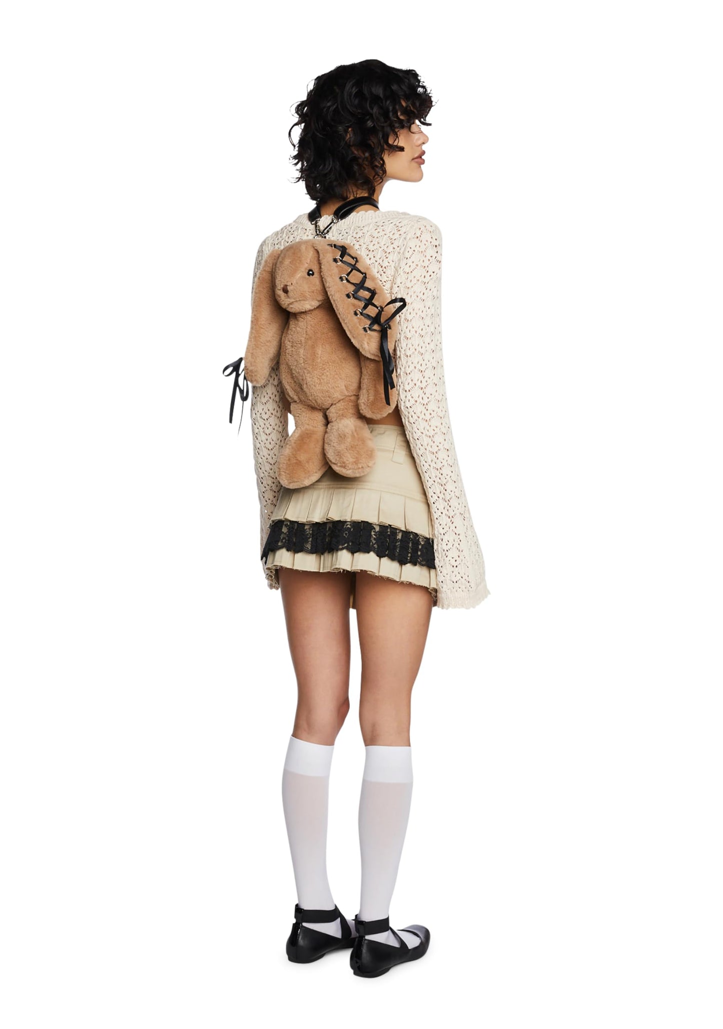Dolls Kill Cuddly Bunny Plush Backpack by Current Mood - Brown, Faux Fur Backpack with Lace-Up Ribbon Ears, One Size