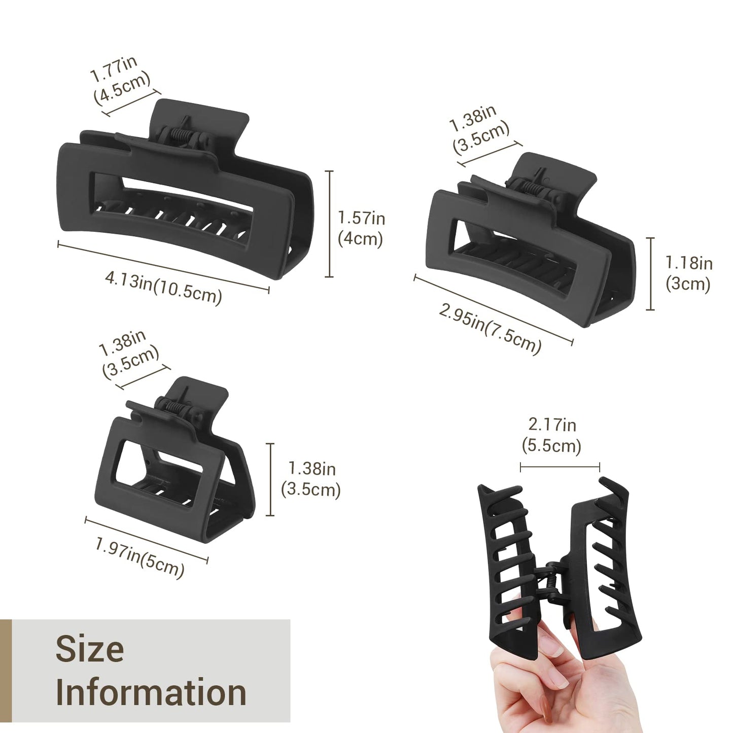 Shinowa 3 Pack Hair Claw Clips, Square Rectangular Claw Hair Clips for Women Girls, Non-slip Matte Large Medium Small Hair Clips, Strong Hold Jaw Clip