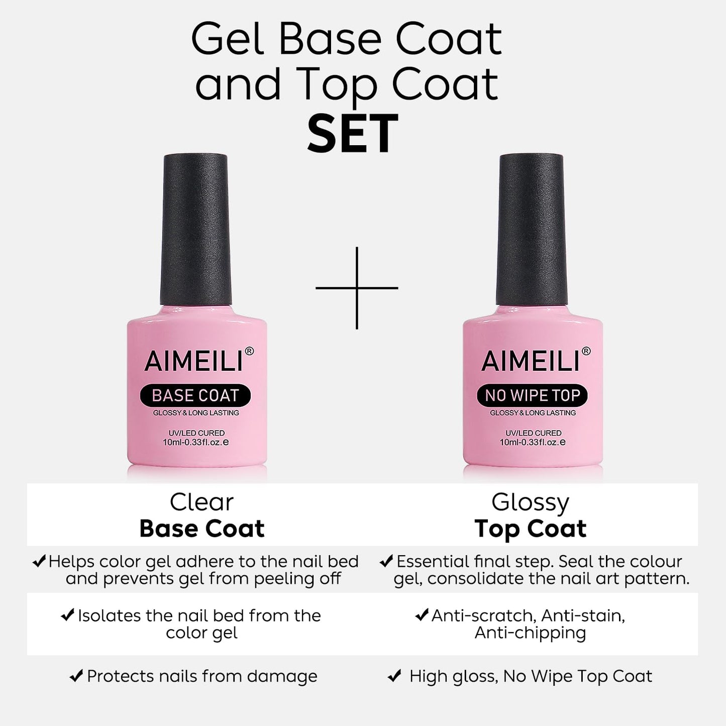 AIMEILI Gel Nail Polish No Wipe Top and Base Coat Set Shine Finish Long Lasting Soak Off Gel Nail Lacquer - 2 x 10ml