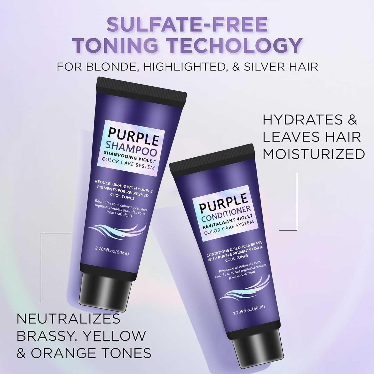Purple Shampoo and Conditioner Set, Anti-Brass Toning, Enhance Blonde Tones, Deep Moisturizer,Frizz Control-Repair and Hydration,for Blonde,Silver, or