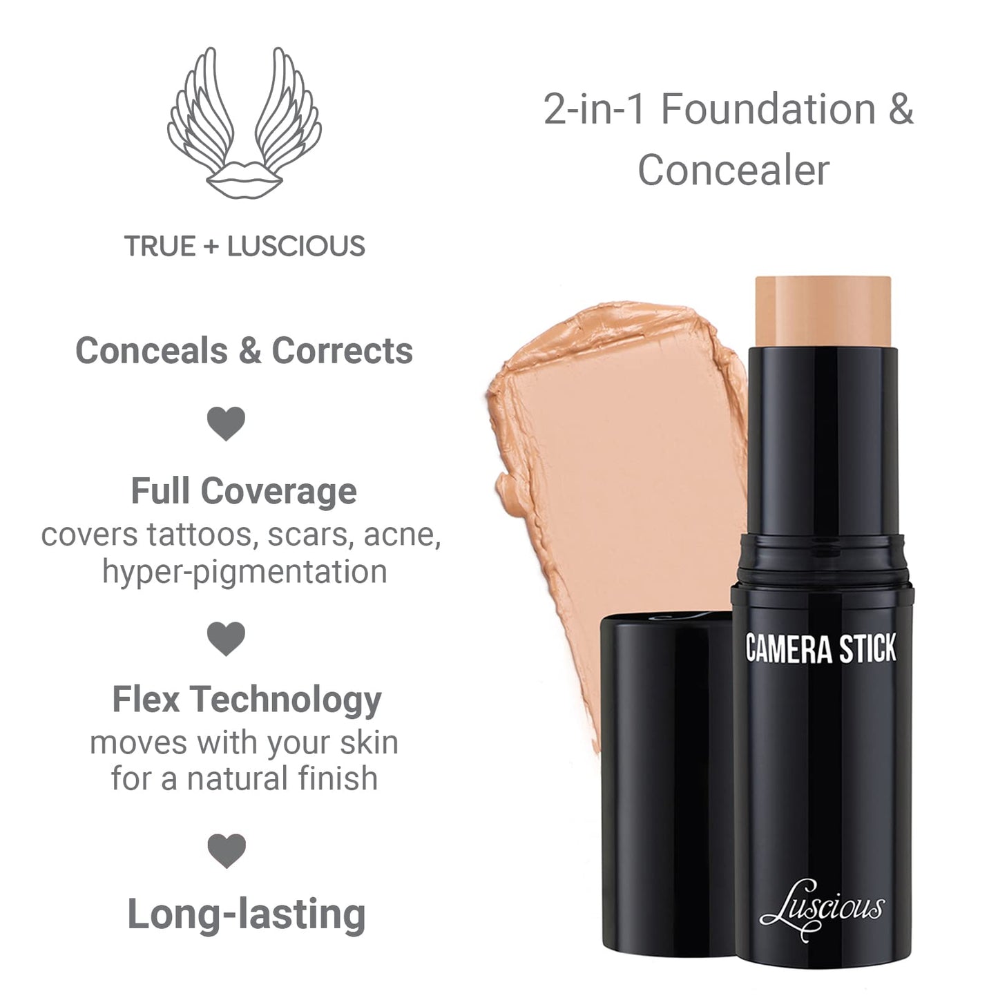 Camera Stick Foundation by True + Luscious - Full Coverage Cream Foundation - Non-Comedogenic & Hydrating Formula - Vegan, Paraben Free, & Cruelty