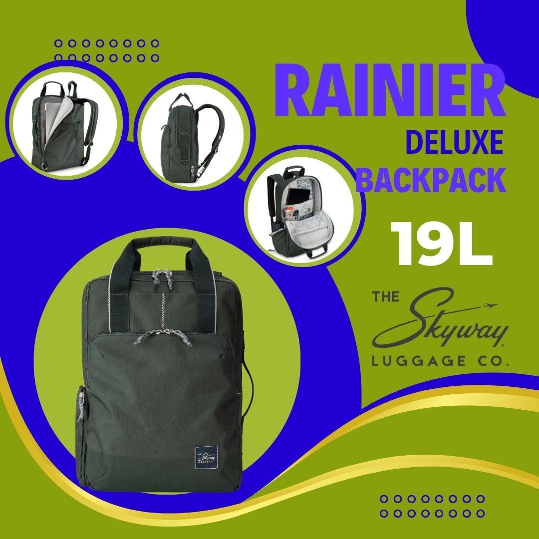 Skyway Luggage Rainier Deluxe Backpack, Eco-Friendly, Made of 100% rPET Travel Laptop Bag for Women & Men, Flight Approved Carry On Bag, 19L, Olympic Green