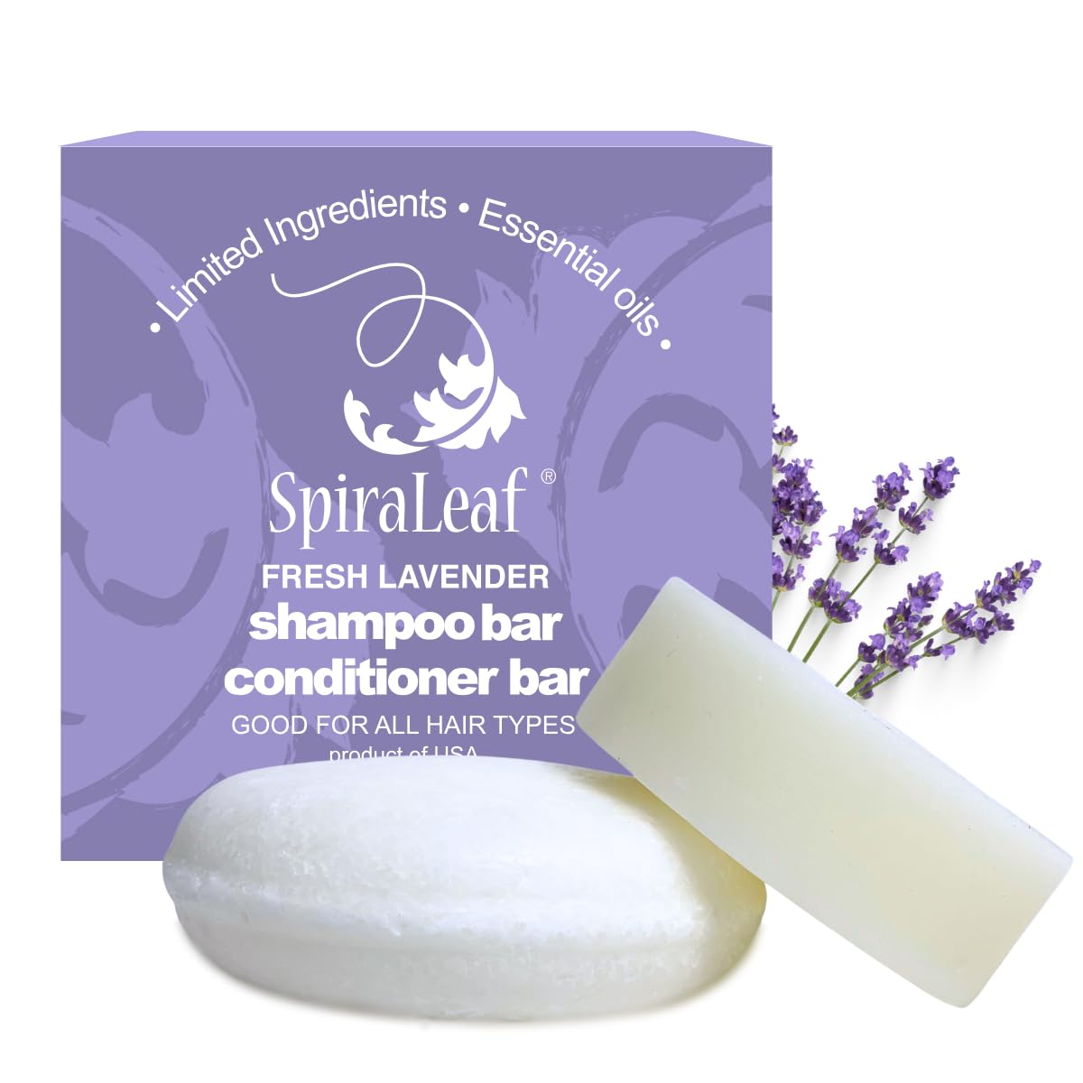 SPIRALEAF Solid Shampoo Bar & Conditioner Bar Set, FRESH LAVENDER Essential Oil Blend, Limited Ingredients, Concentrated Formula, Fragrance-Free