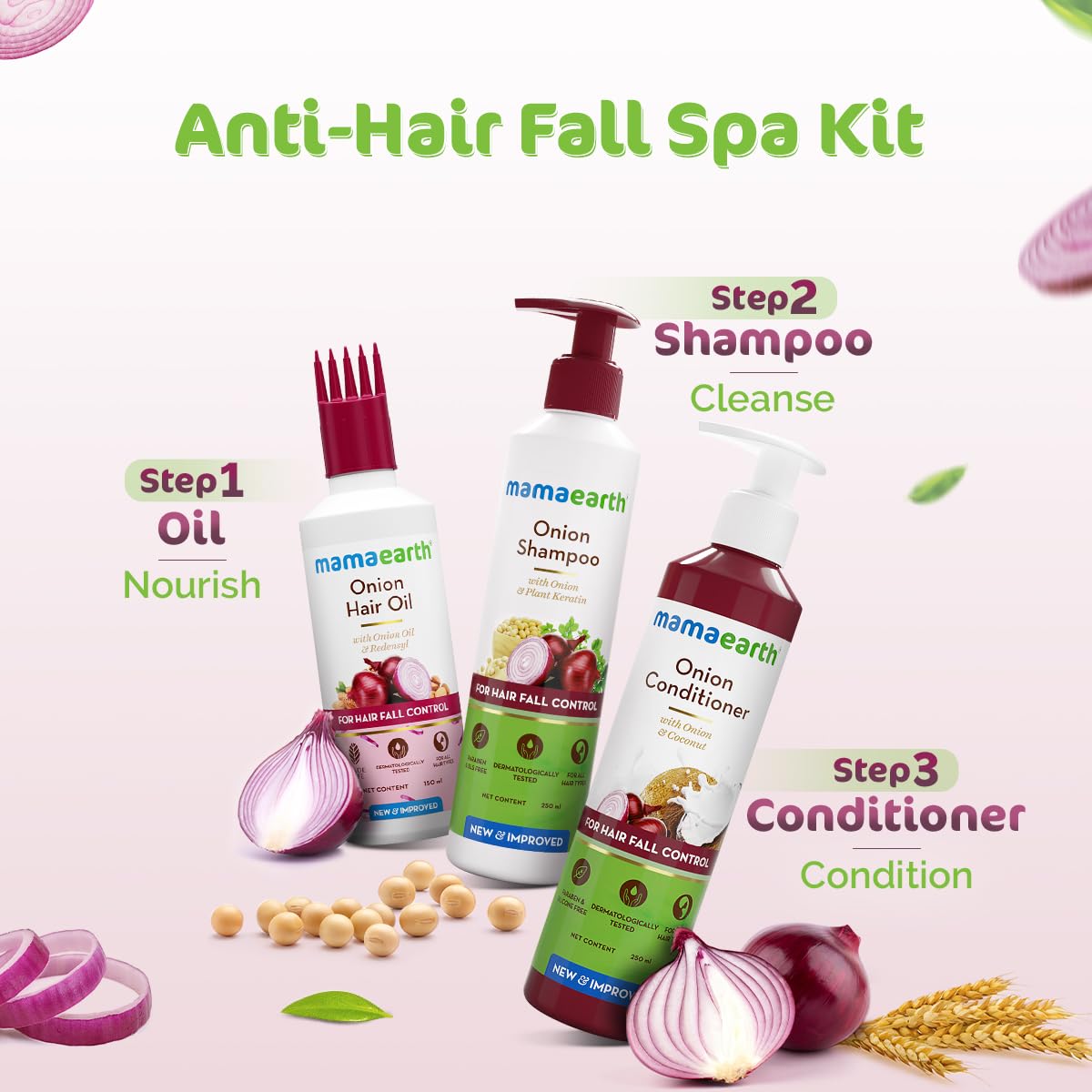 Mamaearth Onion Hair Care Kit - Hair Fall Control with 150ml Onion Oil & Shampoo + Conditioner (250ml Each) | Anti Hair Loss & Growth Formula | 3