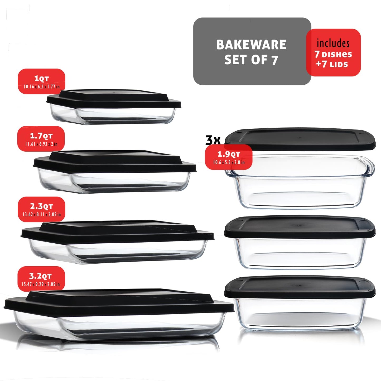 EATEX 7-Pack Glass Food Storage Containers with Lids Baking Pans Set, Glass Baking Dishes for Oven | 4 Casserole Dishes for Oven and 3 Glass Bread…