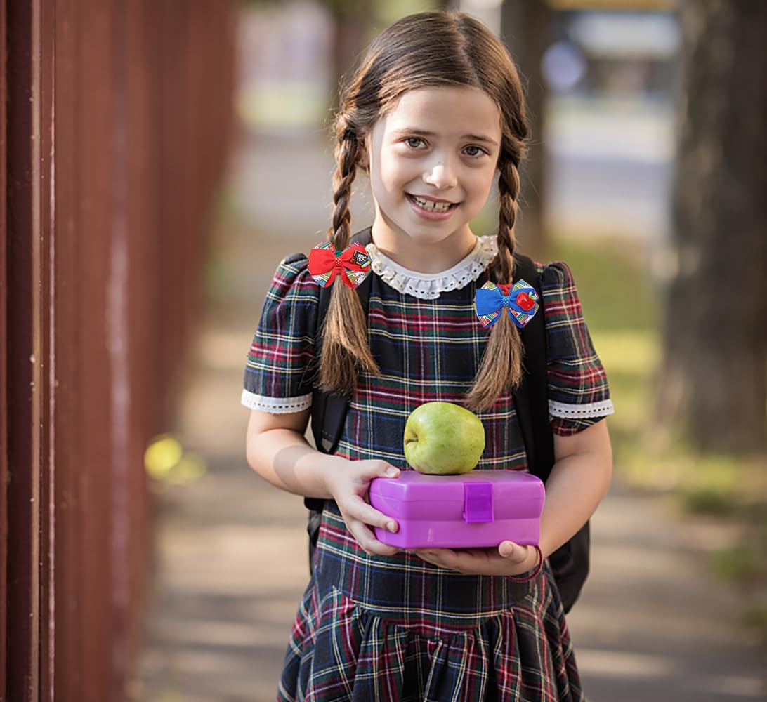 4pcs Back to School Hair Bows Clips for Girls - Yellow Apple Pen Blackboard Barrette, Colorful Hair Bow Accessories for First Day of School