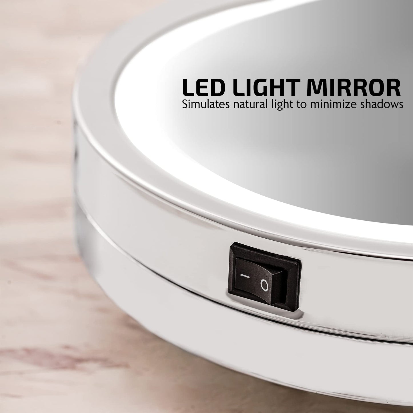 OVENTE Wall Mounted Lighted Makeup Mirror, 9" Double Sided 1X/10X Magnifying Vanity Mirror for Bathroom with LED Lights, Cordless, 360° Rotation