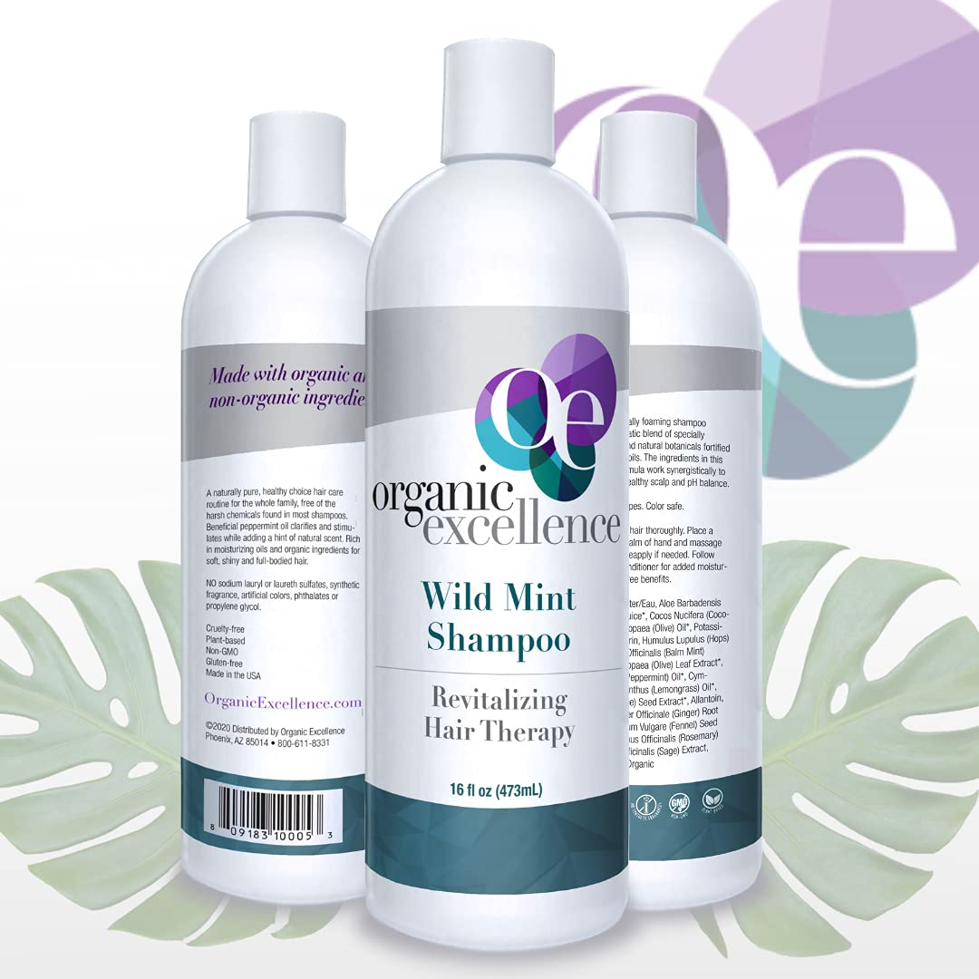 Organic Excellence Natural Organic Shampoo, Wild Mint & Rosemary, Chemical Free, Plant-Based, Toxin-Free, Cruelty-Free, Certified Herbs & Oils