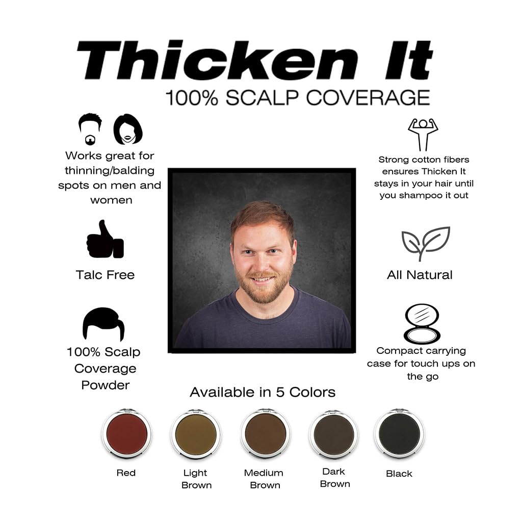 Thicken It 100% Scalp Coverage Hair Powder - DARK BROWN - Talc-Free .32 oz. Water Resistant Hair Loss Concealer. Naturally Thicker Than Hair Fibers