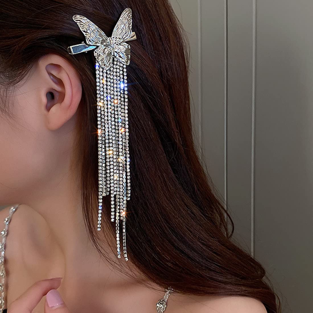 Wekicici Butterfly Rhinestone Tassel Clips Rhinestone Hair Clips Butterfly Tassel Hair Accessories for Women and Girls, silver