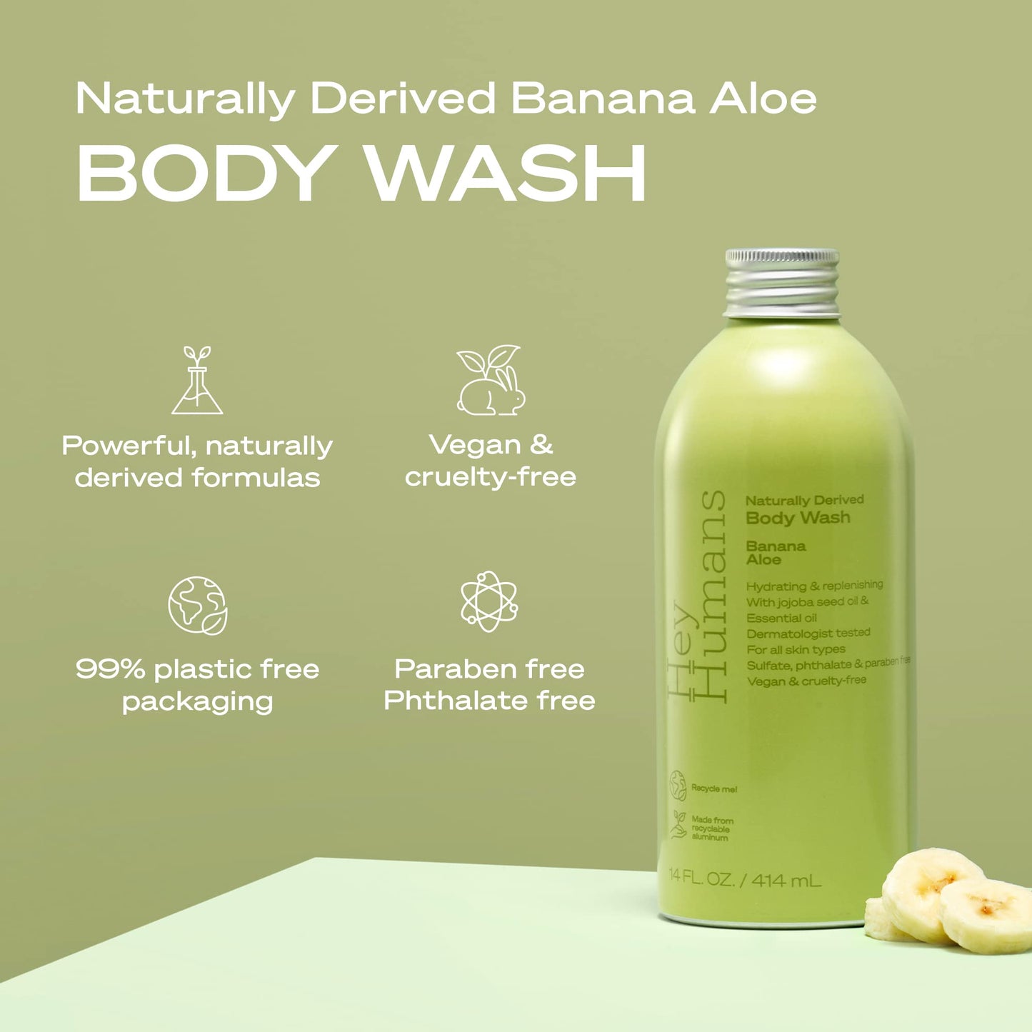 Hey Humans Banana Aloe Moisturizing Body Wash with Natural Ingredients & Jojoba Oil | Clean, Vegan, Sulfate Free Bath & Body Wash for Women & Men |