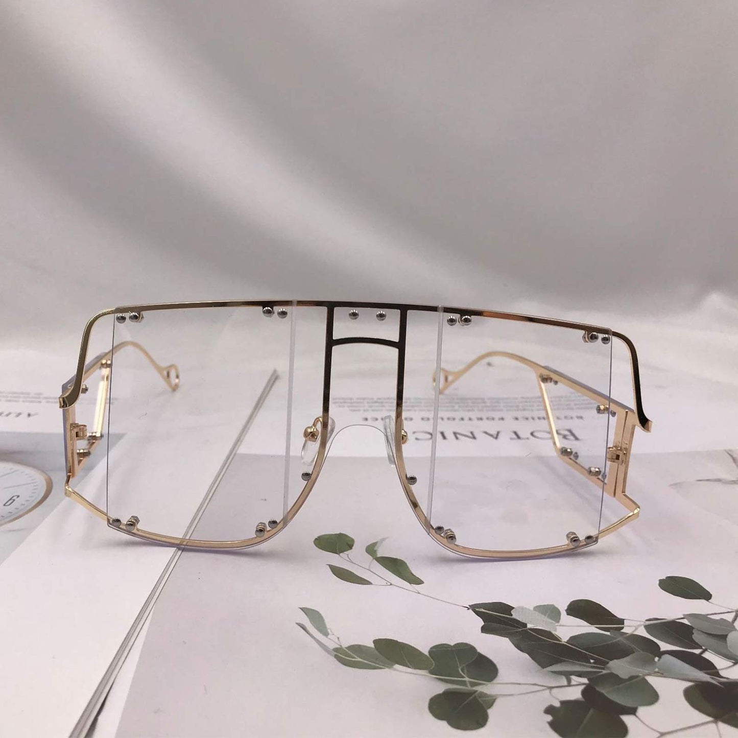 COTIA/Fashion Square Sunglasses Women New Oversized Mirror Men Shades Glasses Luxury Brand Metal Rivet Fashion Female Eyewear (gold clear)