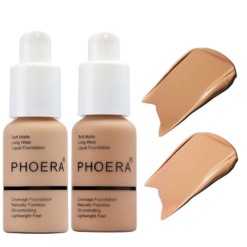BestLand 2Pack PHOERA Foundation Full Coverage Liquid Foundation Cream - Long-lasting Lightweight Concealer - Oil-Free Formula - Natural Shade