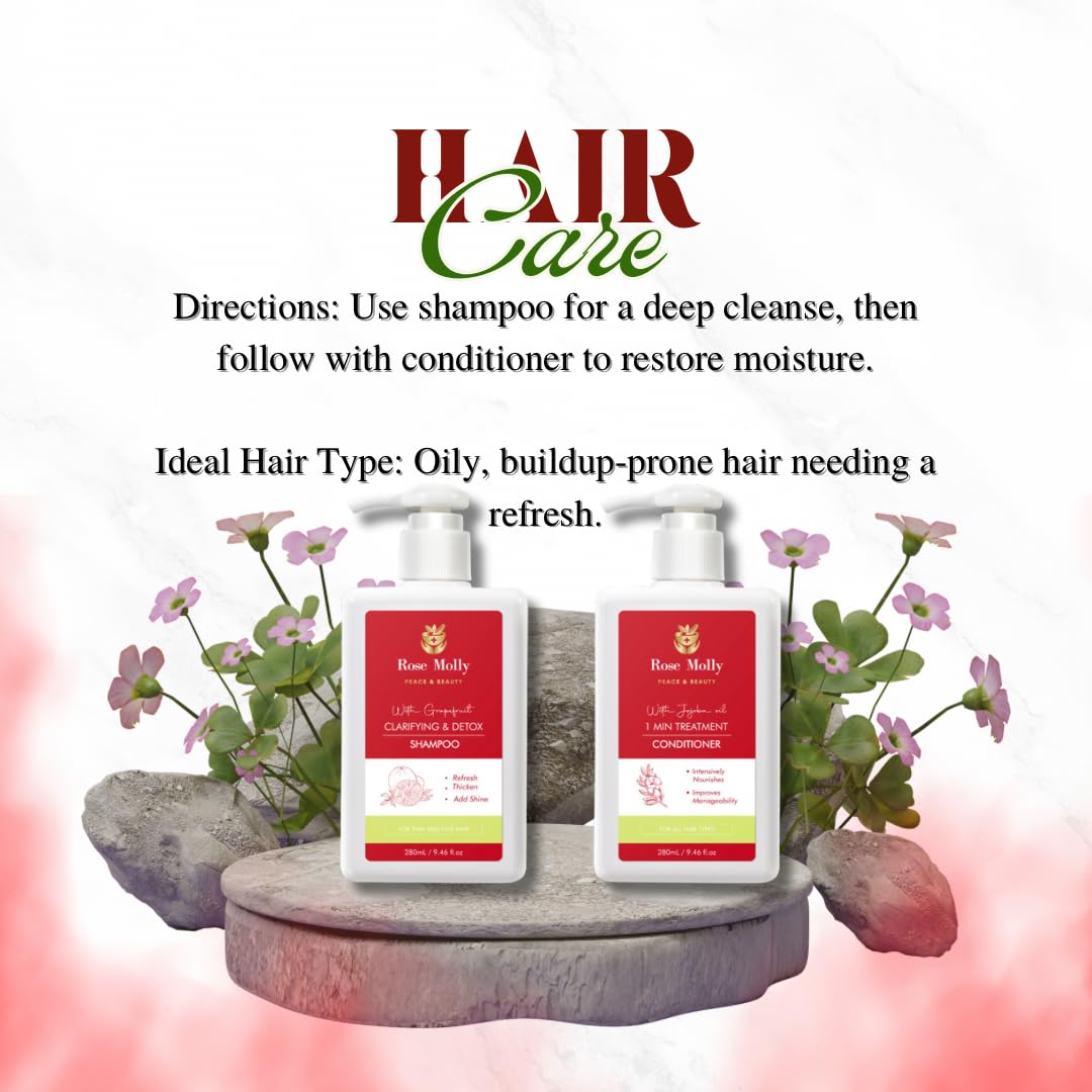 Rose Molly White Grapefruit Clarifying & Detox Shampoo, 1 Min Treatment Conditioner Set, 9.46 fl oz