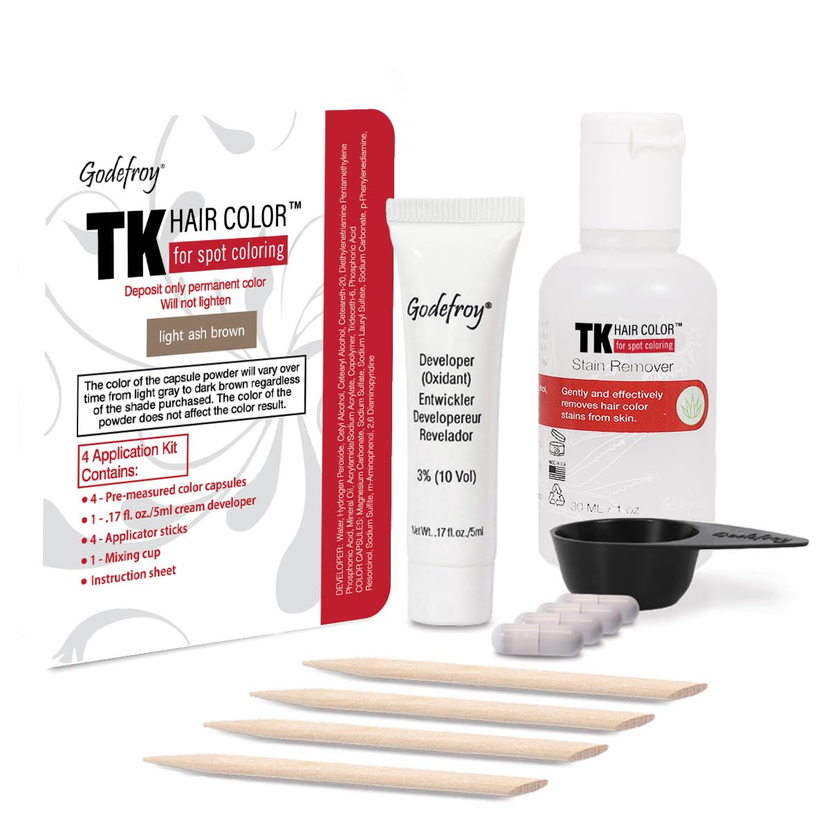 Godefroy Hair Color TK 4 Application and 1 oz Coloring Stain Remover Combo, Complete Coverage of Gray Hair Roots, Salon Quality Results - Light Ash