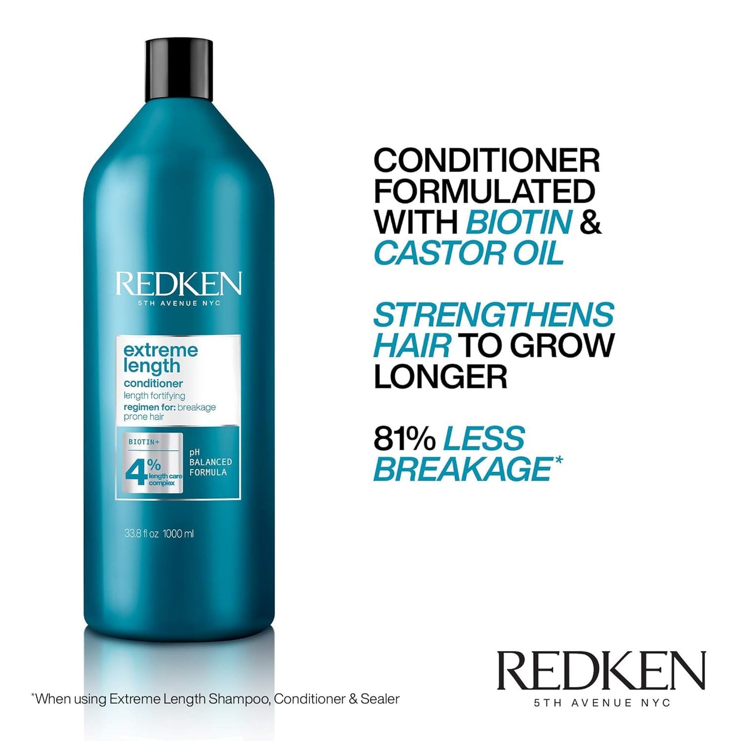 Redken Extreme Length Conditioner For Damaged Hair - Fortifies, Strengthens and Conditions Hair, Infused With Biotin & Castor Oil For Hair Growth
