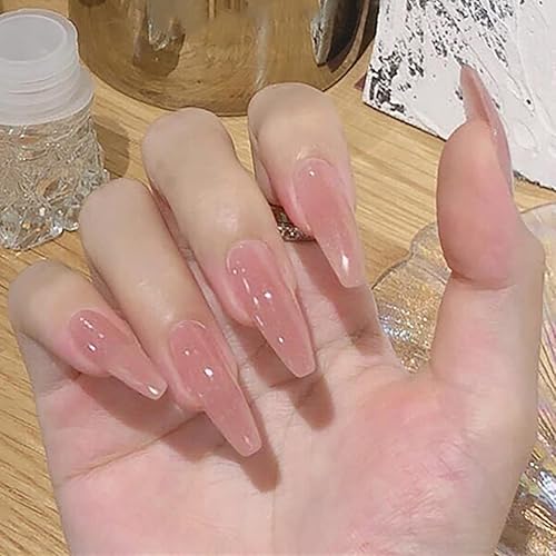 RikView Press on Nails Extra Long Pink Acrylic Nails Coffin Nail Tips Glossy Fake Nails (Pink)
