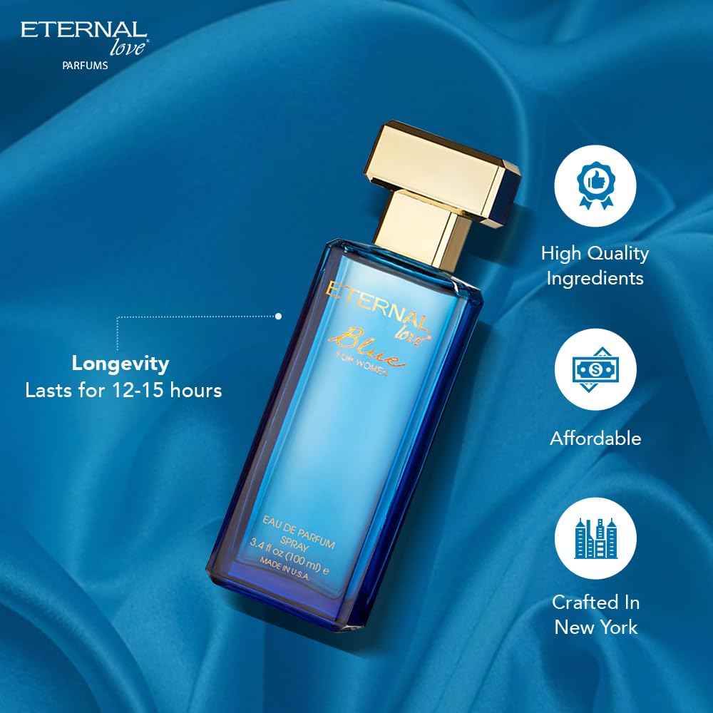 Eternal Love Blue for Women - Long Lasting Eau de Parfum Spray - Soft Powdery Floral Scent with Vanilla & Jasmine - Feminine & Alluring Fragrance