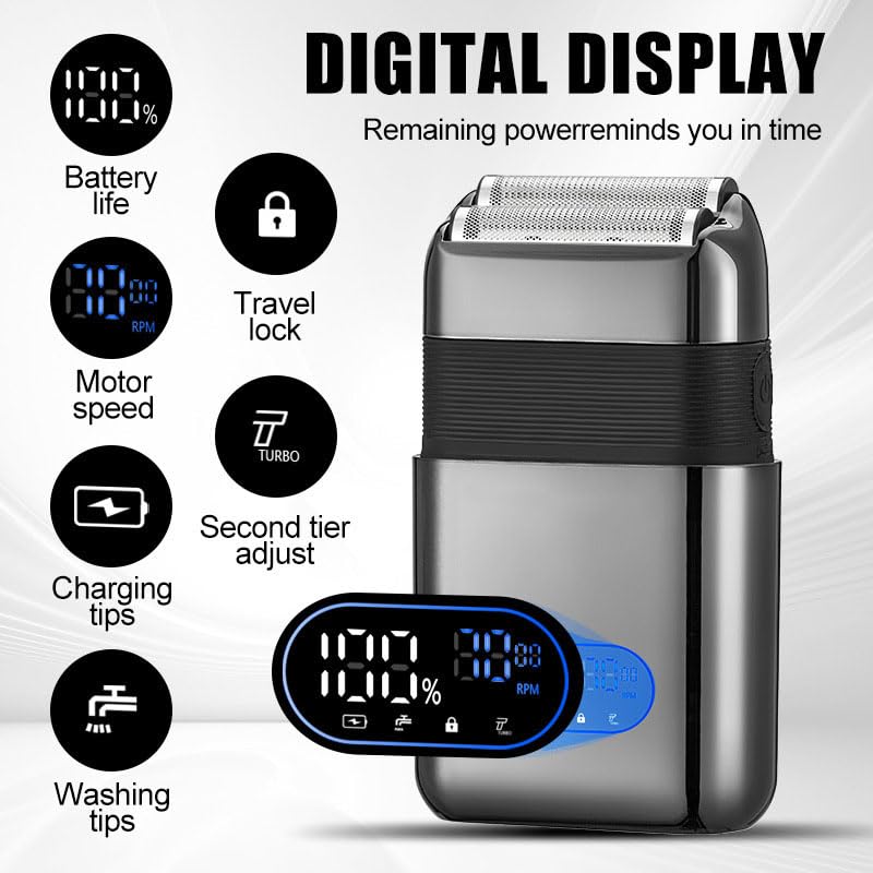 Electric Foil Shavers for Men: Portable Travel Razor with Big LED Display & 3 Floating Blades IPX7 Waterproof Wet Dry Face, Rechargeable,Powerful Beauty and Personal Care QDKVTNDJZ