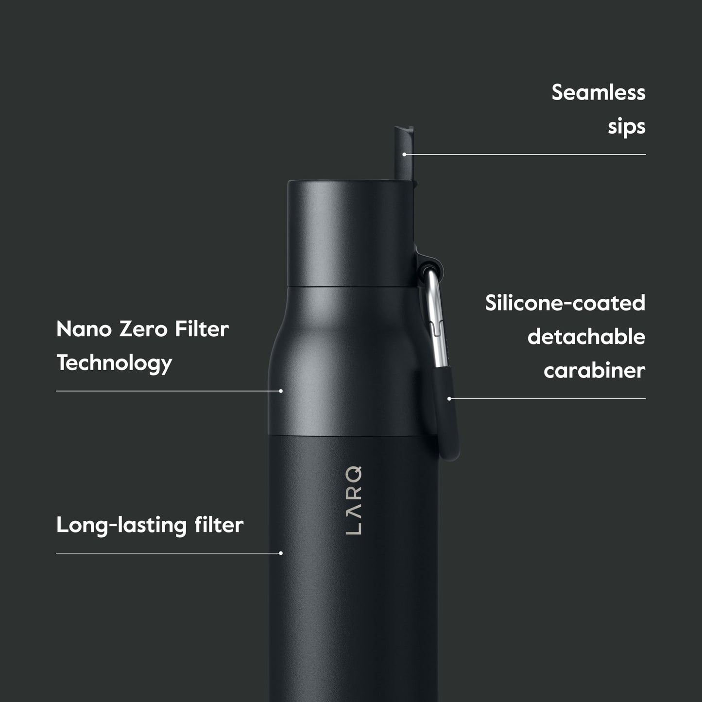 LARQ Bottle Filtered - Insulated Stainless Steel Water Bottle BPA Free with Nano Zero technology and long-lasting filters, Obsidian Black, 17oz