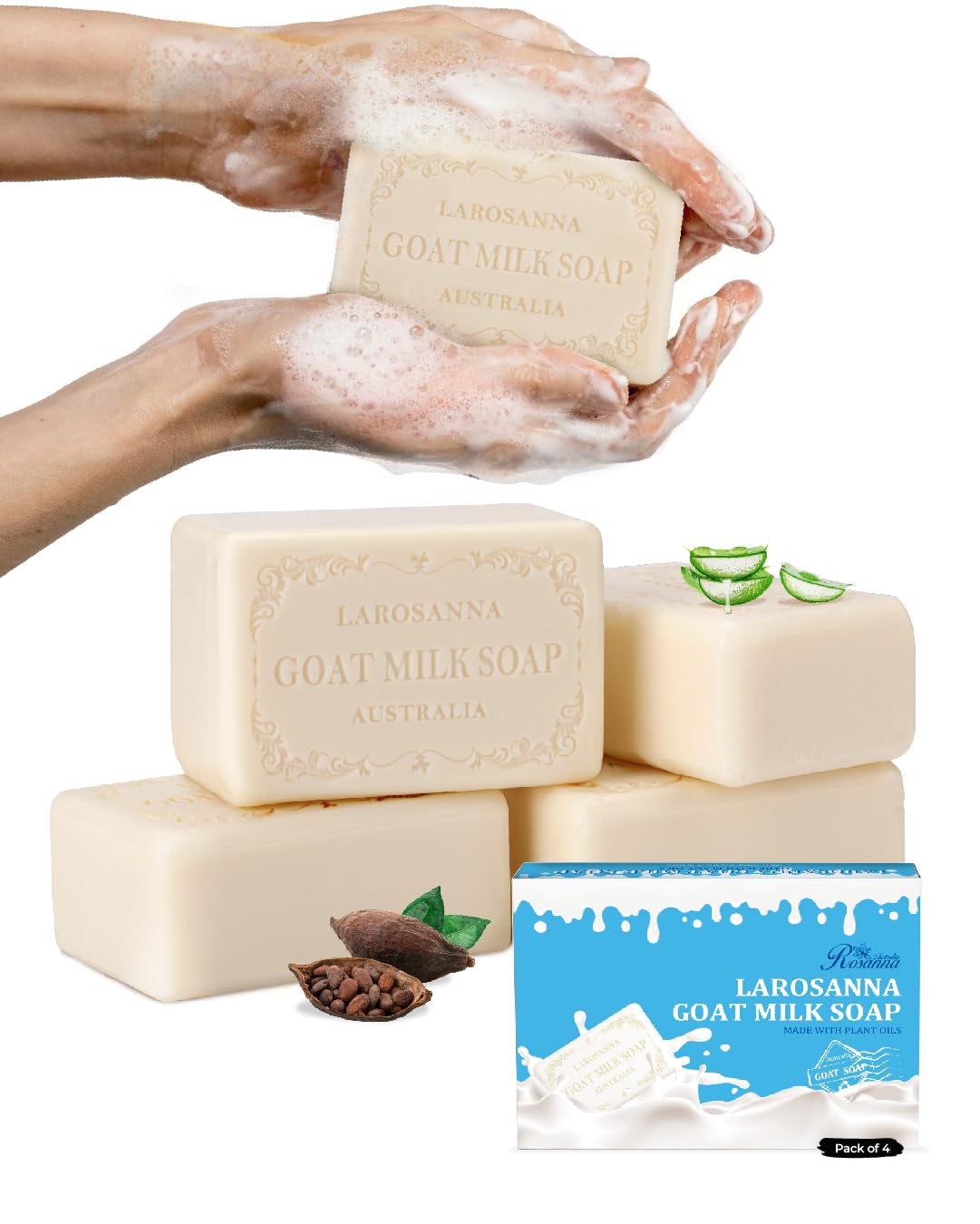 larosanna Australian Goat Milk Soap,Helps Moisturize,Smooth & Cleanse Skin,Triple-milled Bar Soap with Cocoa Butter,Aloe Vera and Pure Plant Oil,Body