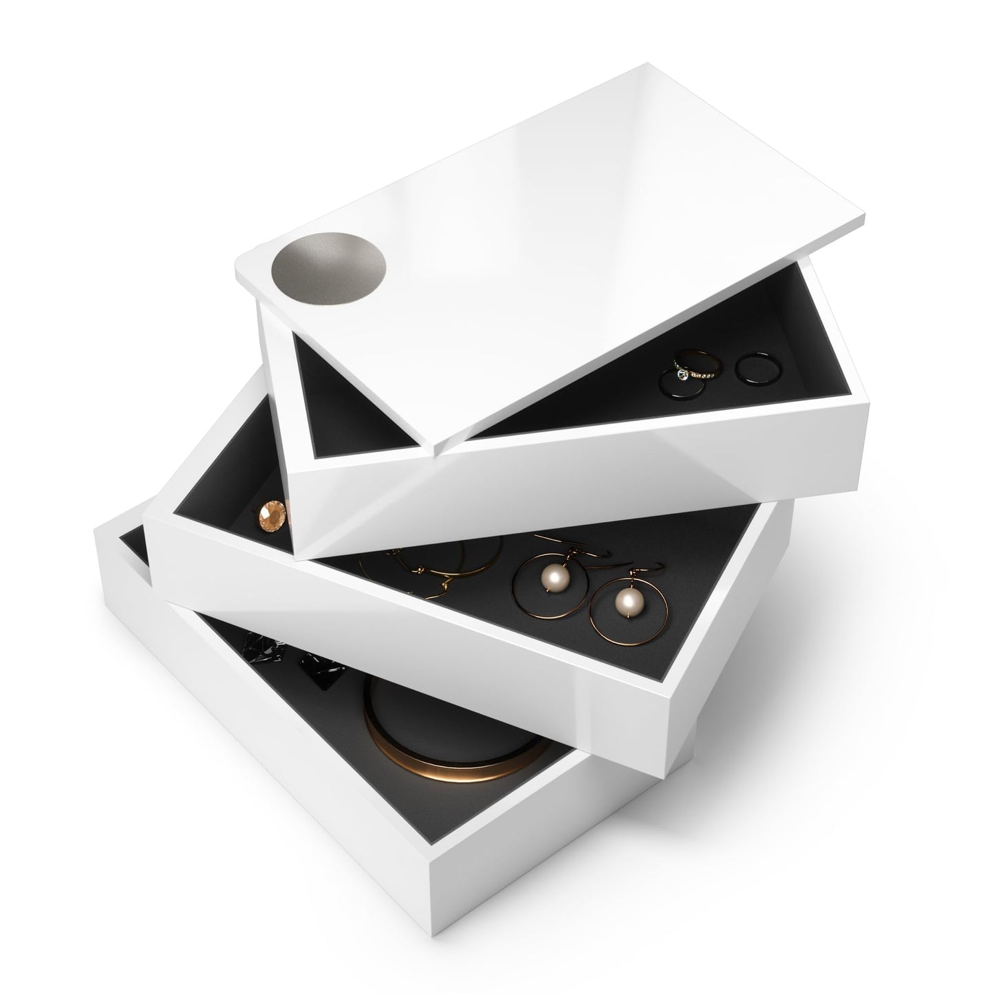 Umbra Spindle Jewlery Box, Stacked Jewelry Box with Three Compartments, High-gloss Finish, White