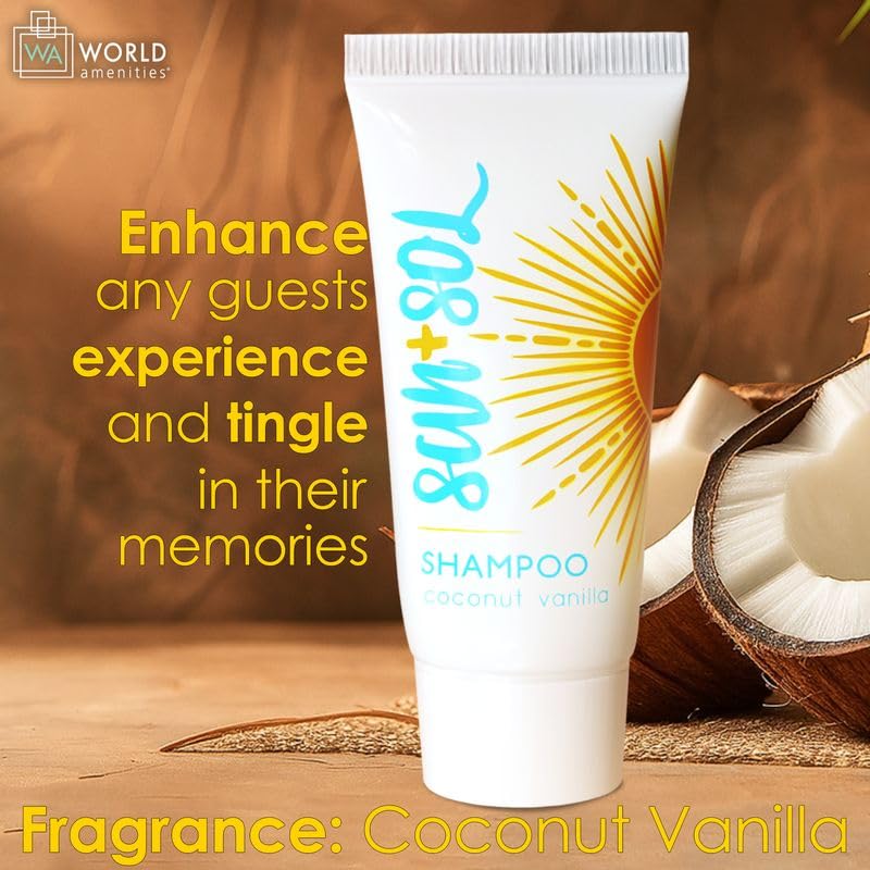 World Amenities - Sun + Sol Bulk Cleansing Shampoo with Warm Coconut & Vanilla Fragrances, Travel Size Toiletries, Mini Hotel Amenities, 0.7 Oz, 50