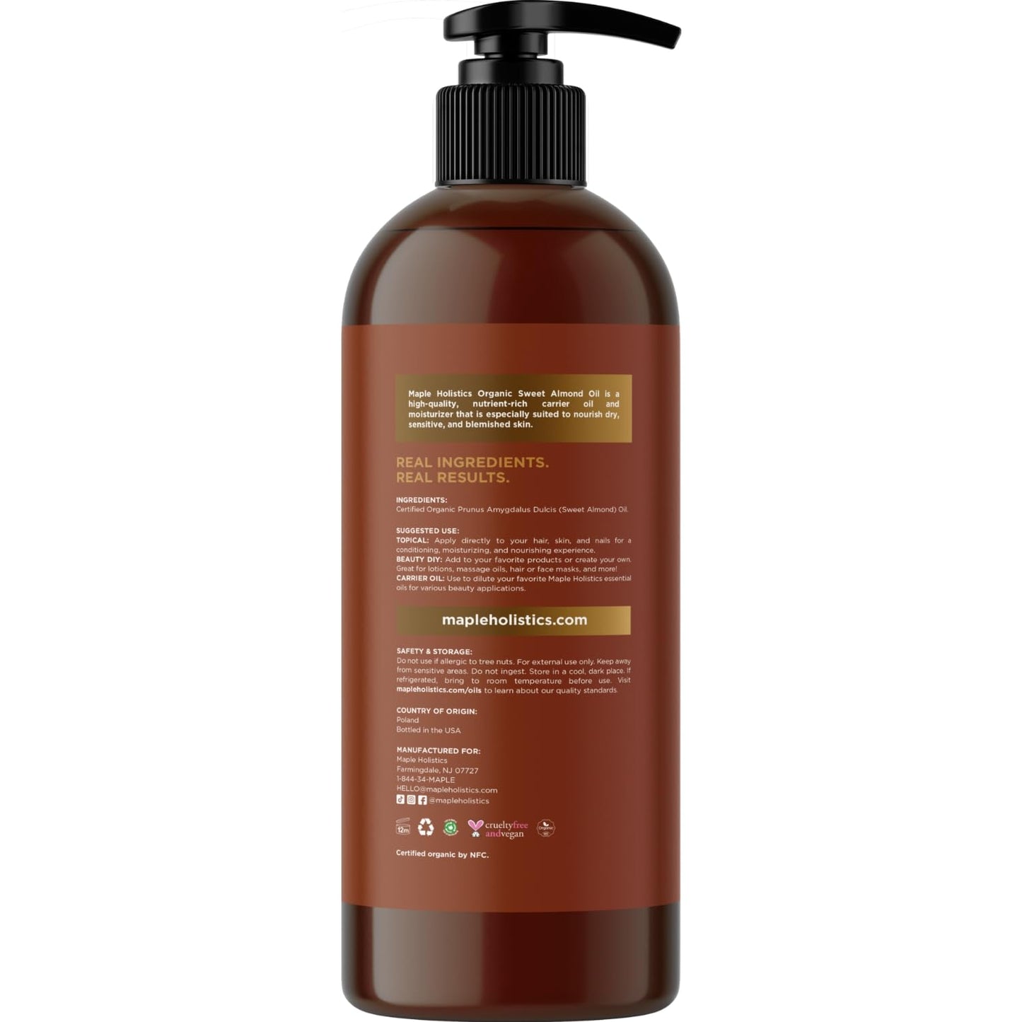 USDA Organic Sweet Almond Oil - Pure Cold Pressed Organic Almond Oil for Skin Hair and Nails - Moisturizing Organic Body Oil for Women and Men plus