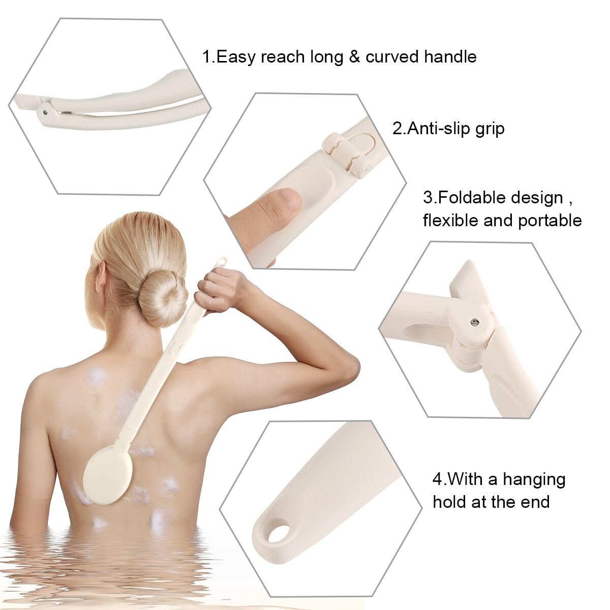 LFJ 19" Long Handle Shower Sponge Brush Set, 3 in 1 Body Brush, Bath Sponge and Lotion Applicator Improved Skin Health, Suitable for Men and Women