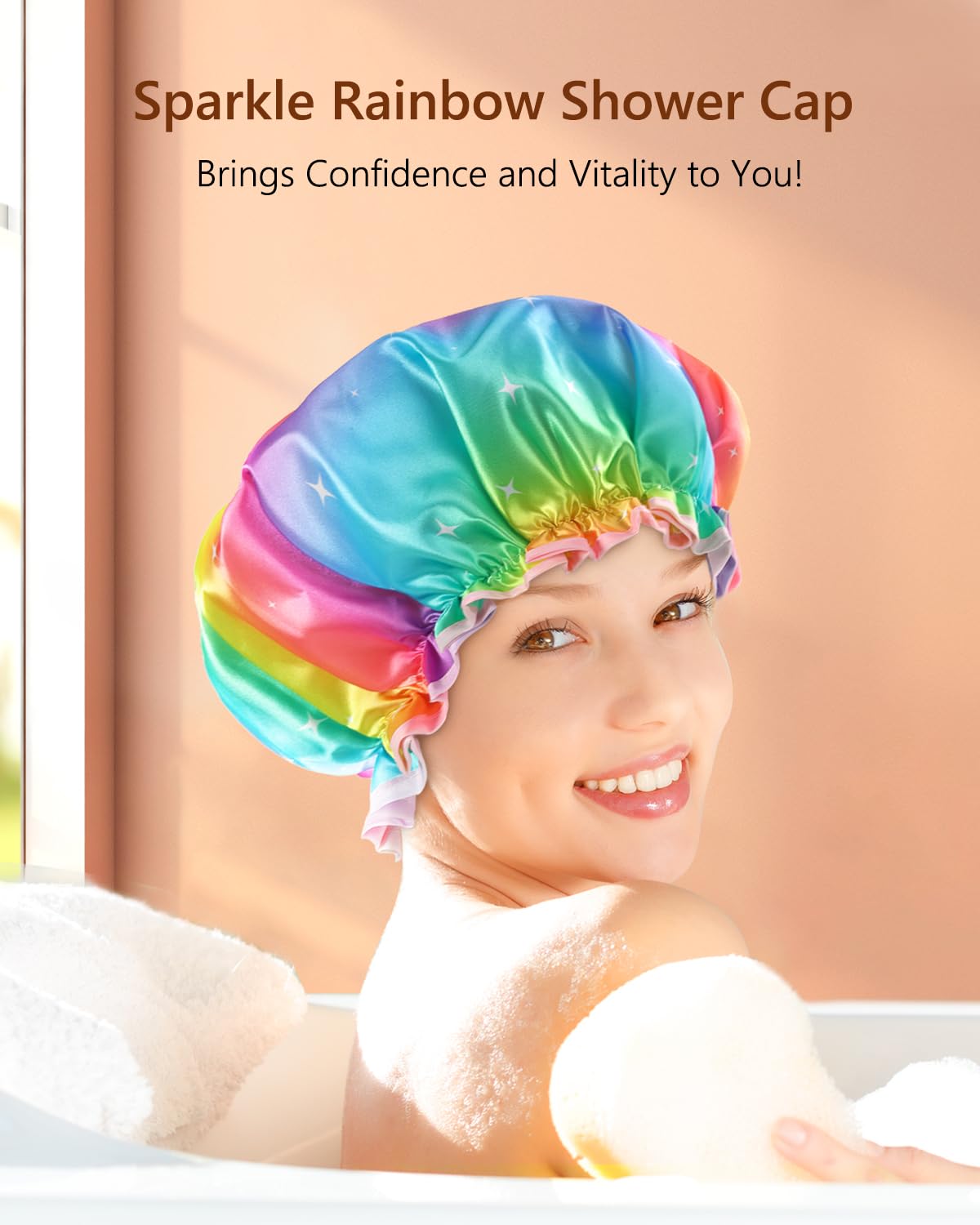 mikimini Sparkle Rainbow Shower Cap for Women Long Hair, Pack of 2,Double Layer Waterproof, X-Large, Reusable, Washable, No Smell, Fashion Bath Cap