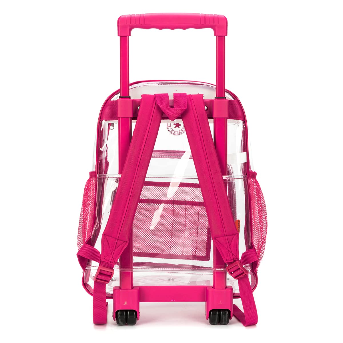 NiceAndGreat Rolling Clear Backpack Heavy Duty Bookbag Quality See Through Workbag Travel Daypack Transparent School Book Bags with Wheels Hot Pink