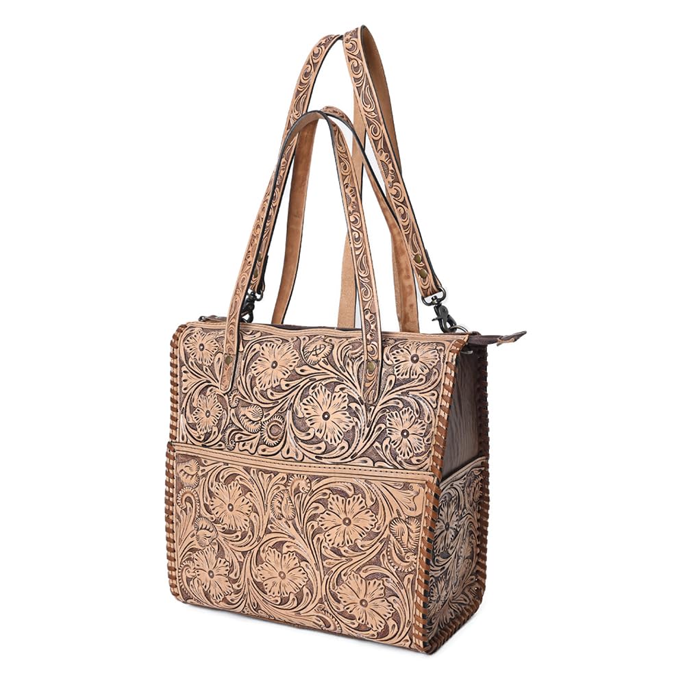 American Darling Hand-Tooled Floral Leather Backpack Tote for Women - Genuine Western Convertible Bag with Adjustable Straps and Dual Handles