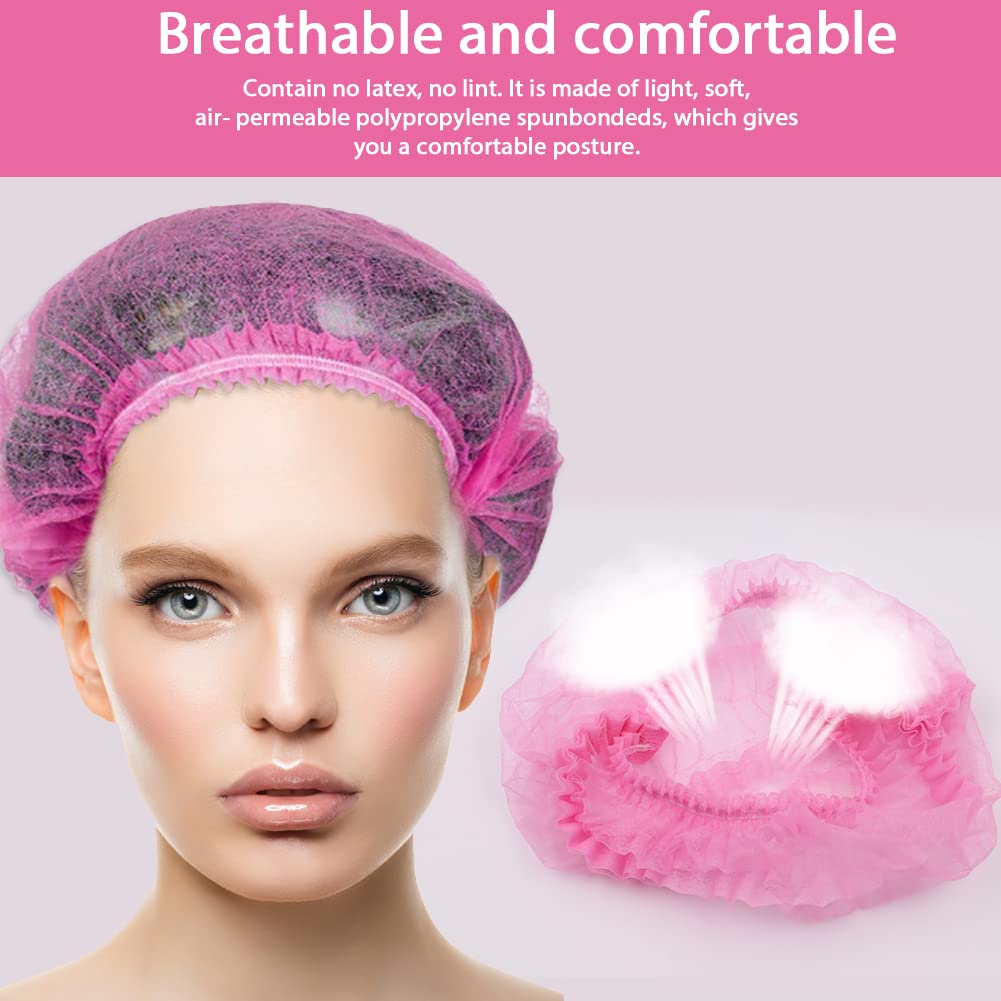 Abnaok Non Woven Disposable Dust Caps, 100 PCS Elastic Caps for Food Industries, Medical Works - Pleated Anti Dust Hat Set Universal Size(Pink)