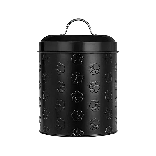Amici Pet Puppy Paws Black Metal Canister with Embossed Paw Design - Large 140 oz Airtight Food Storage Jar for Wet or Dry Pet Foods - (8" H x 6" W)…