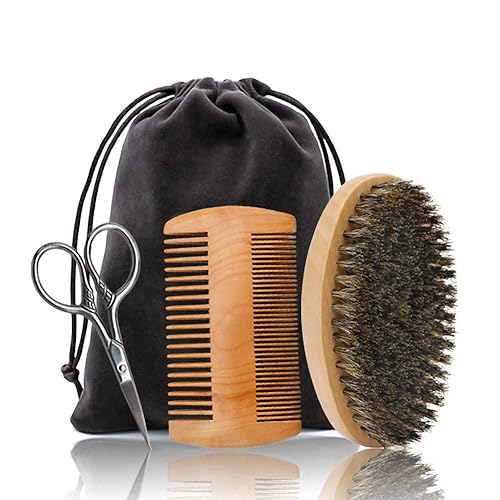 Hair Dough Beard Brush & Comb, Scissors Set for Men, Set Includes Soft Boar Bristle Brush, Bamboo Wide Tooth Comb, and Mustache Trimming Scissors