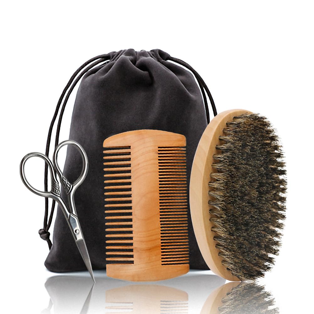 Hair Dough Beard Brush & Comb, Scissors Set for Men, Set Includes Soft Boar Bristle Brush, Bamboo Wide Tooth Comb, and Mustache Trimming Scissors