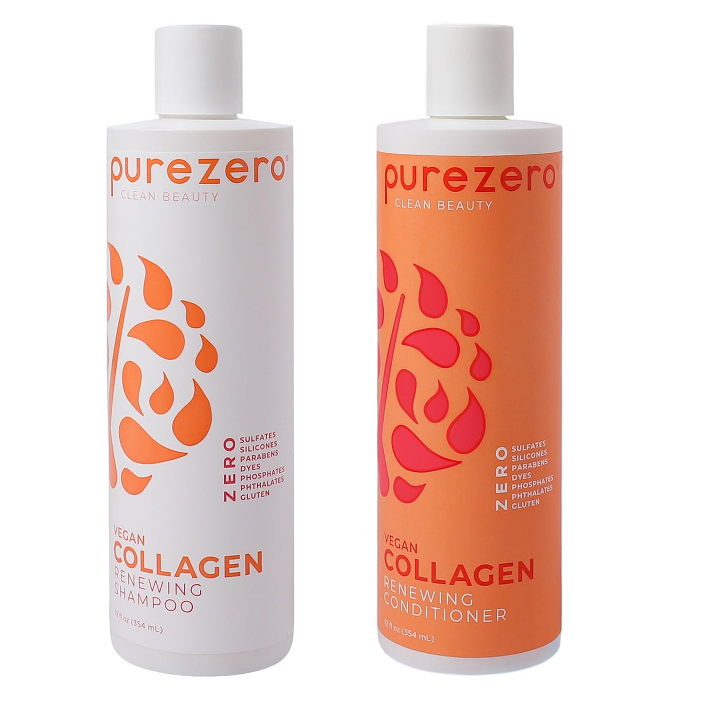 Purezero Collagen Silicone Free Shampoo & Conditioner Set - Strengthening & Hydrating - Duo for Dry or Damaged Hair - Plant-Based Collagen