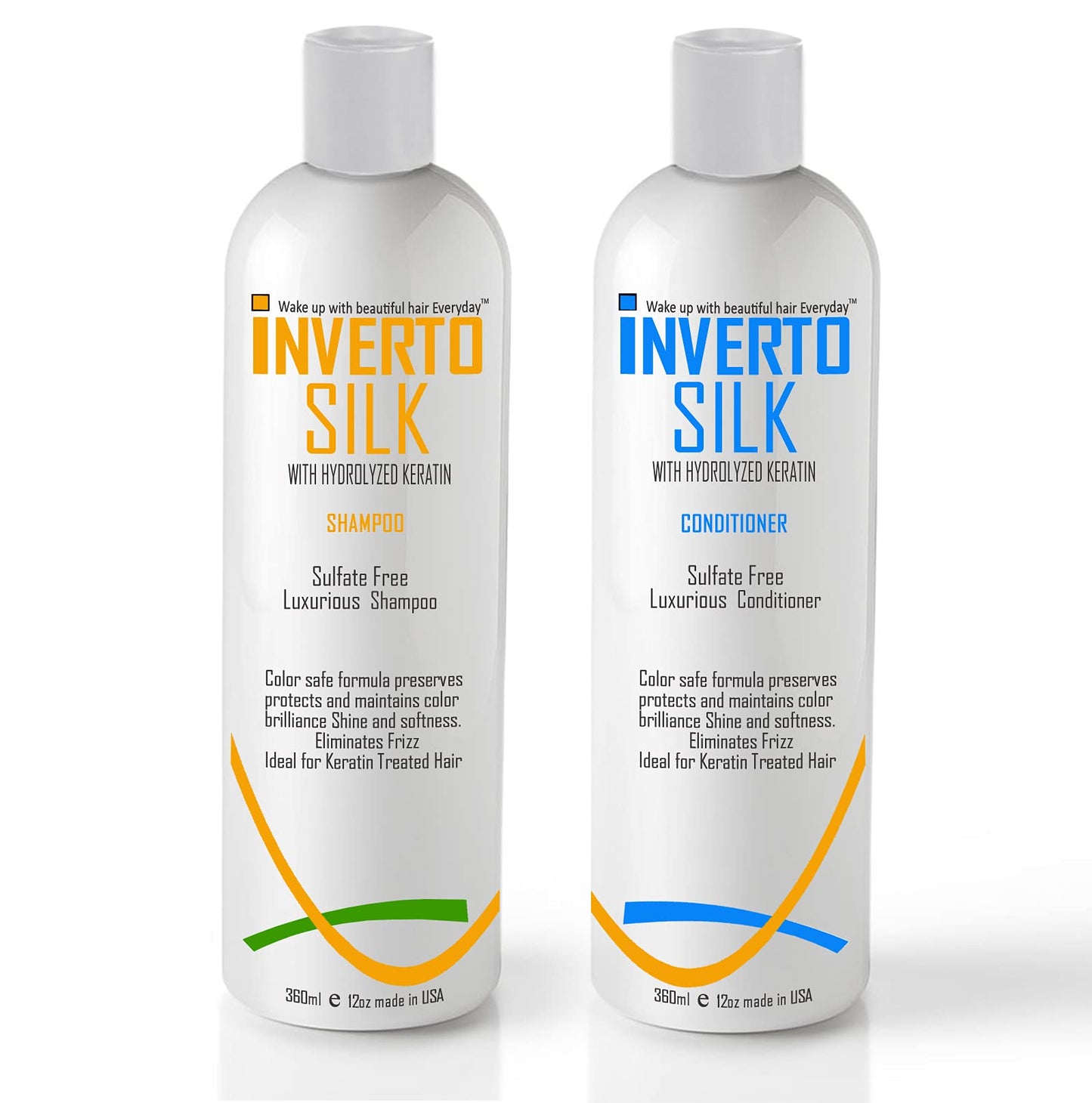Keratin Shampoo Set For Frizzy Damaged And Color Treated hair INVERTO SILK Luxurious Sulfate Free Shampoo and Conditioner Two Bottles Value Set 2 x