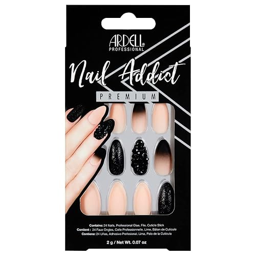 Ardell Nail Addict Premium Press On Nails - 24 False Nails Black Stud & Pink Ombre Jeweled and Matte, Reusable Artificial Acrylic Nail Kit for Diy Beauty & Personal Care Ardell
