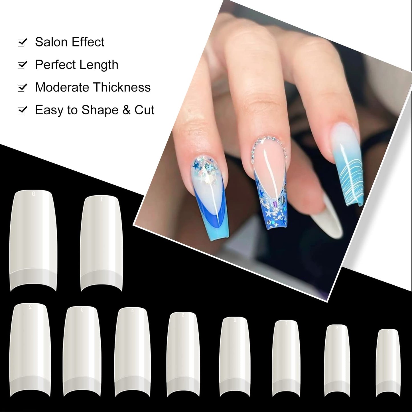 krofaue 500PCS Half Cover False Nails Tips - Acrylic Nail Tips 10 Sizes Lady French Style Acrylic Artificial Tip Manicure with Box for Nail Tips Art