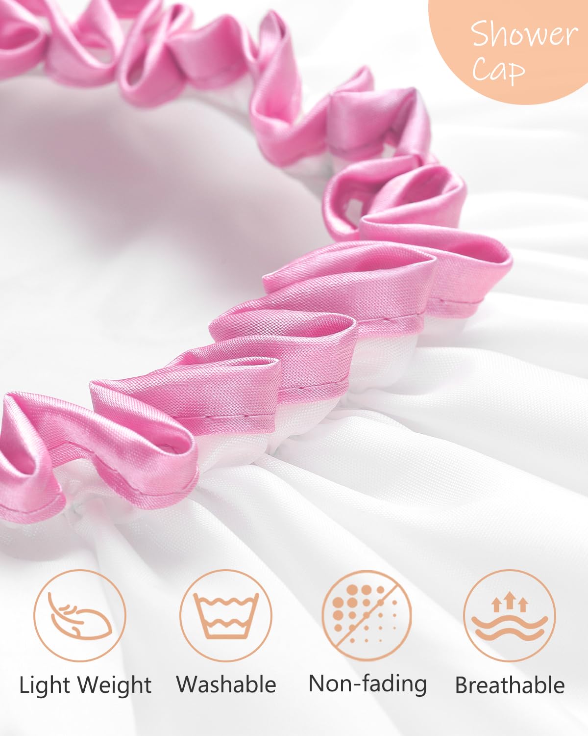 mikimini White Large Shower Caps for Women Long Hair Pack of 2, Reusable Waterproof Double Layers Bathing Hair Cap Soft Comfortable PEVA Lining, Cute