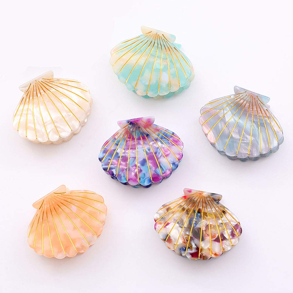 Women Fashion Shell Shape Claw Clips Acrylic Resin Jaw Clip Hair Clamps Marble Pattern Hairpins Hair Accessories (White)