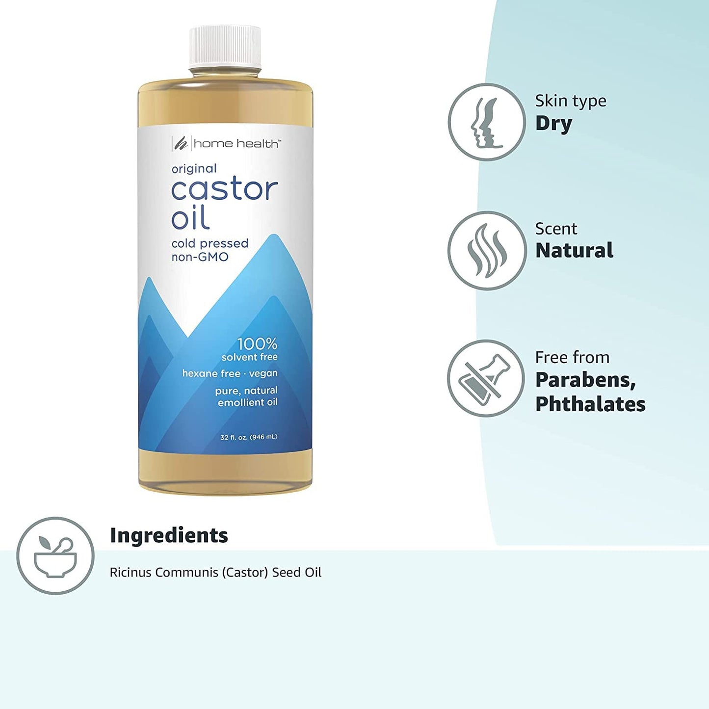 Home Health Castor Oil - 32 fl oz, Pack of 2 - Conditioning Oil for Body, Skin & Brows - Non-GMO, USDA-Certified Organic - Cold Pressed - Solvent