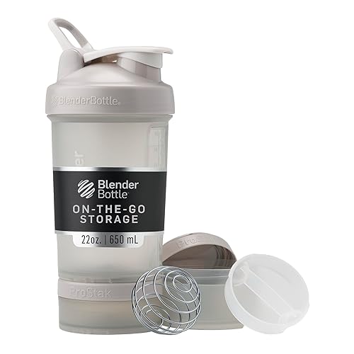 BlenderBottle Shaker Bottle with Pill Organizer and Storage for Protein Powder, Classic V2 ProStak System, 22-Ounce, Smoke Grey