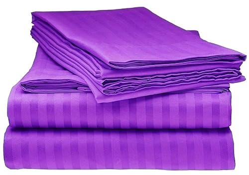 LaxLinen 600 Thread Count Super Soft Quality 100% Egyptian Cotton 6 PCs Bed Sheet Set (+26 Inch) Extra Deep Pocket King/ Standard, Purple Stripe