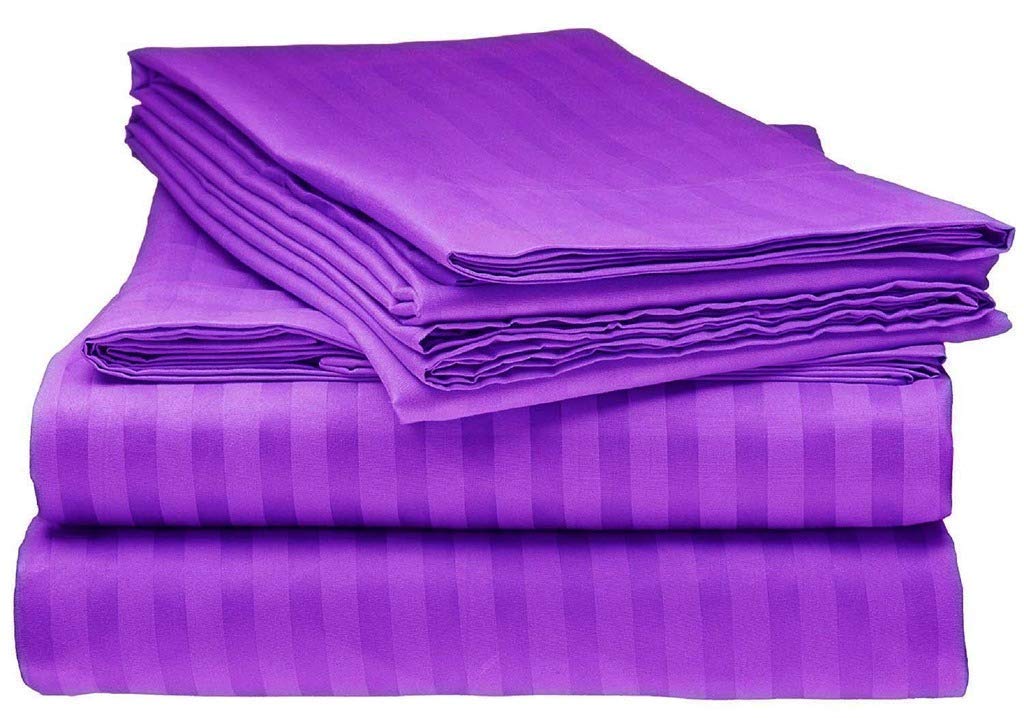 LaxLinen 600 Thread Count Super Soft Quality 100% Egyptian Cotton 6 PCs Bed Sheet Set (+26 Inch) Extra Deep Pocket King/ Standard, Purple Stripe