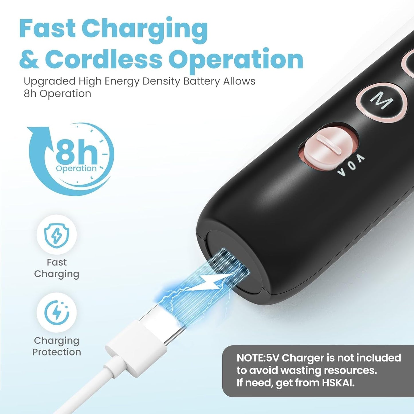 HSKAI Electric Nail File Drill, Cordless Toe Nail Grinder for Thick Toenails & Callus, 10-Speed 2000mAh Rechargeable Nail Filer, 50Pcs Manicure Beauty and Personal Care HSKAI