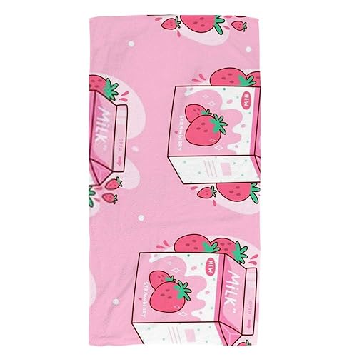 Kuizee Microfiber Hand Towel Face Towels Carton of Strawberry Milk Kawaii Anime Cartoon Pink Absorbent Ultra Soft Stylish Bathroom 30X15 Inch